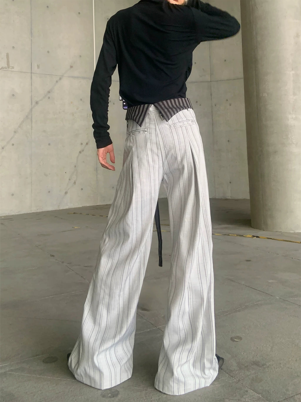 Embroidered Pinstripe Fold-Over Trousers