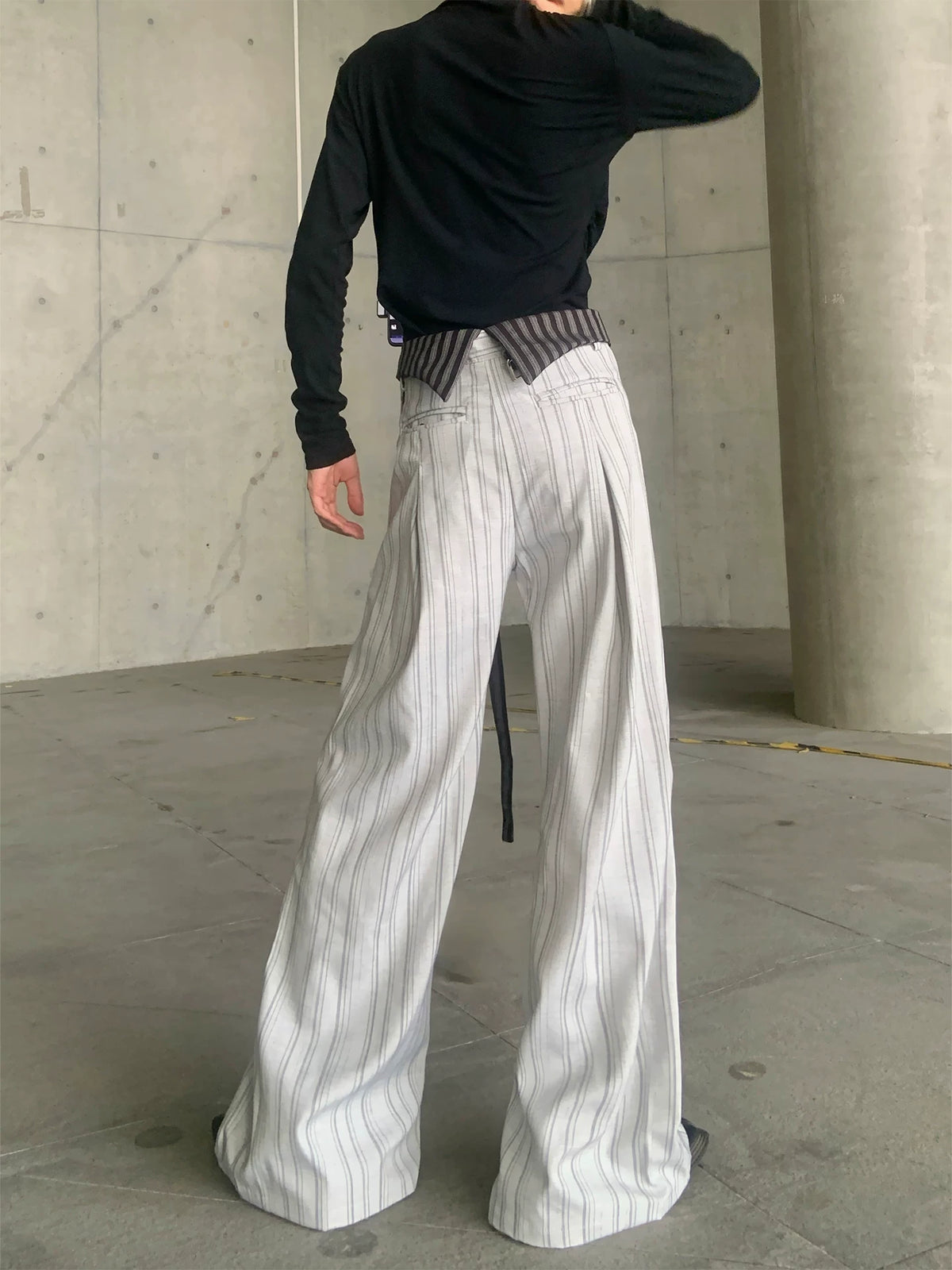 Embroidered Pinstripe Fold-Over Trousers