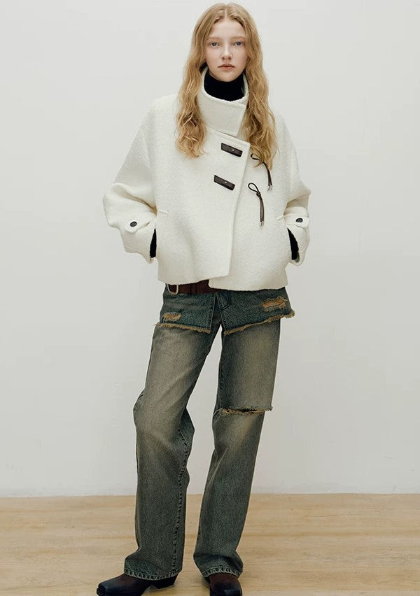 Cropped High-Neck Asymmetric Jacket with Toggle Closures