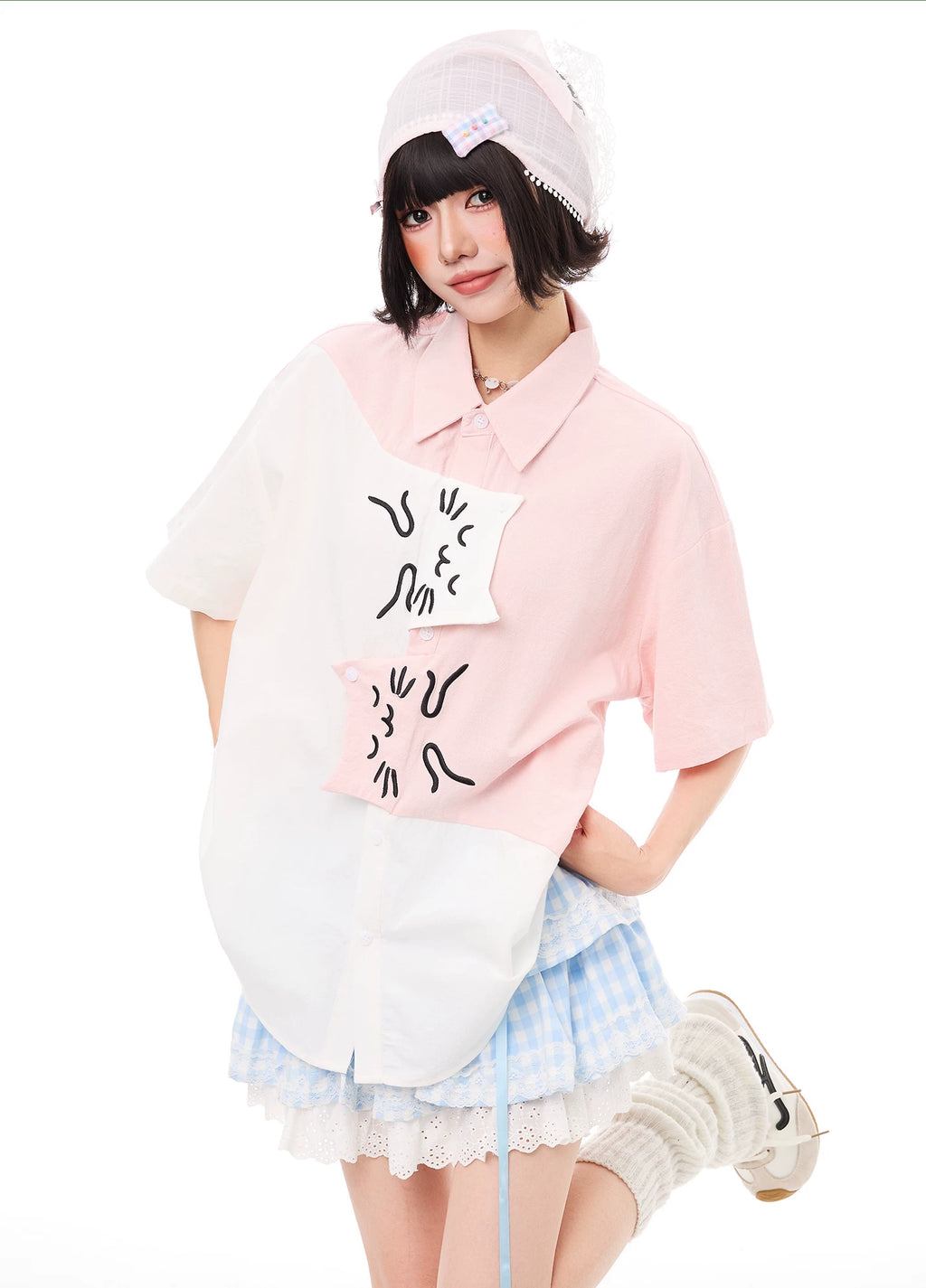 Color-Block Cat Face Flap Short-Sleeve Shirt