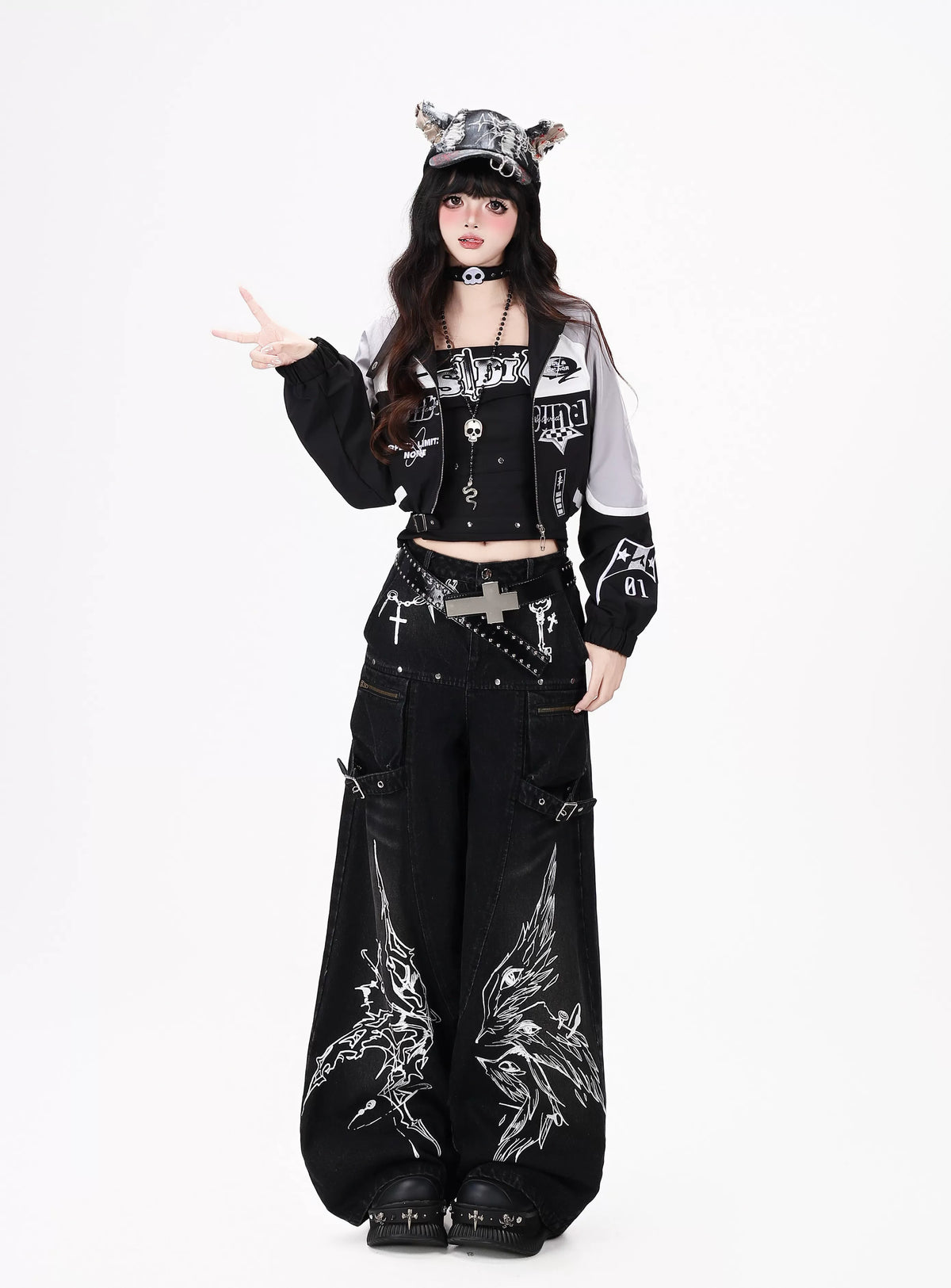 Gothic Cross-Key Graphic Strap-Detailed Cargo Jeans
