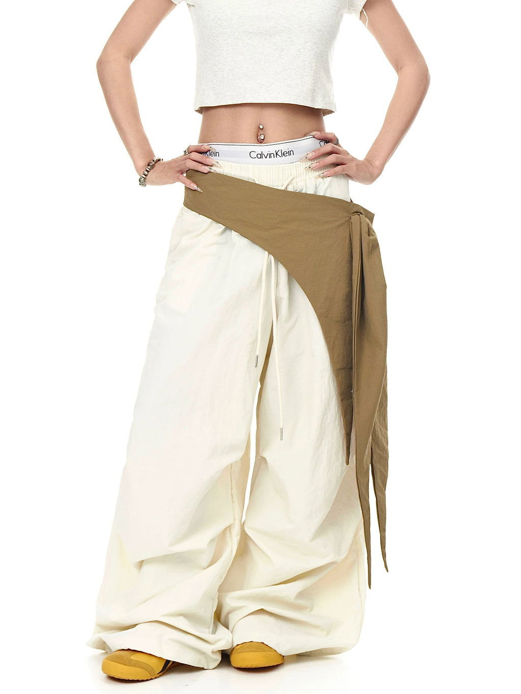 Asymmetric Tie-Waist Contrast-Overlay Trousers