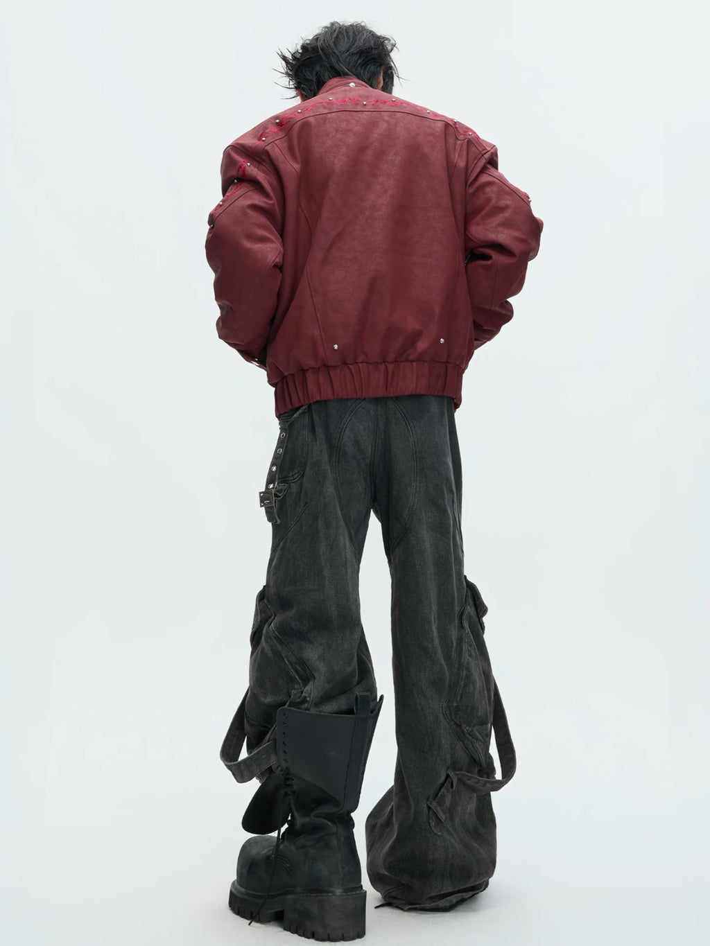 Detachable Fur-Collar Studded Utility Bomber Jacket