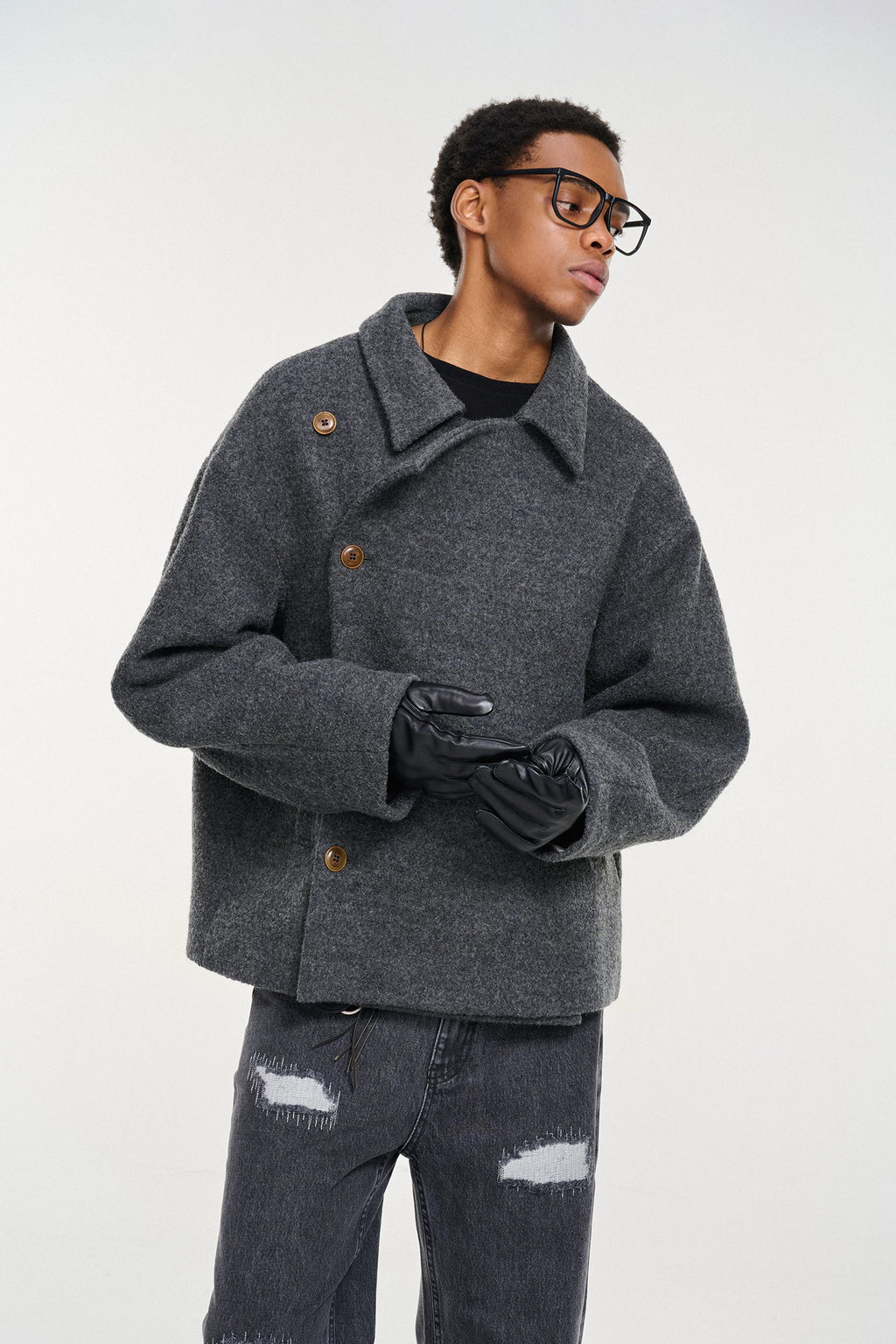 Short Wool-Blend Asymmetric Buttoned Coat