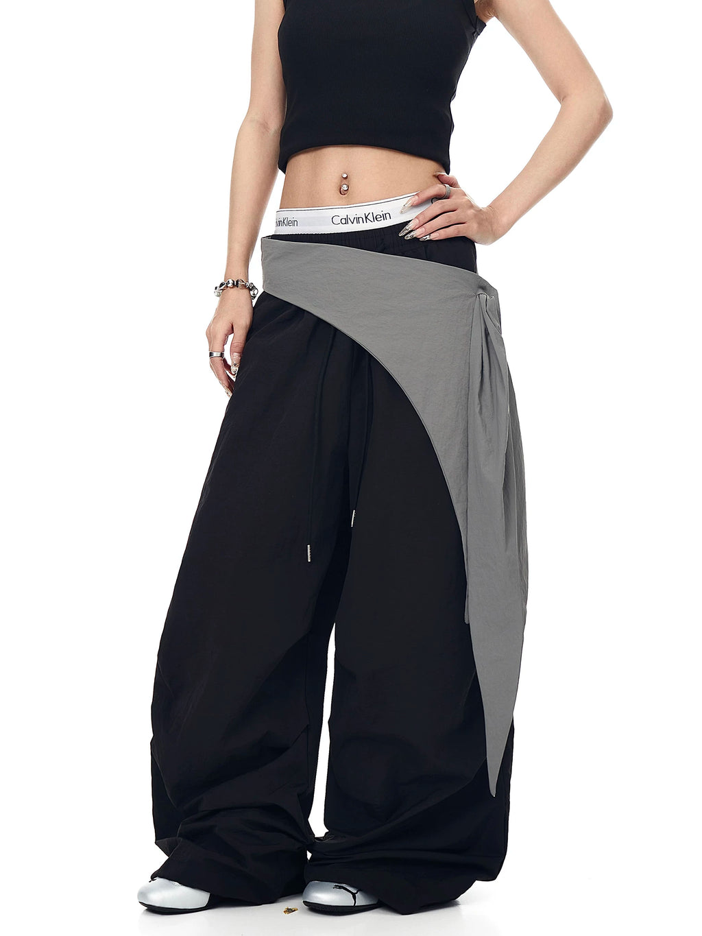 Asymmetric Tie-Waist Contrast-Overlay Trousers