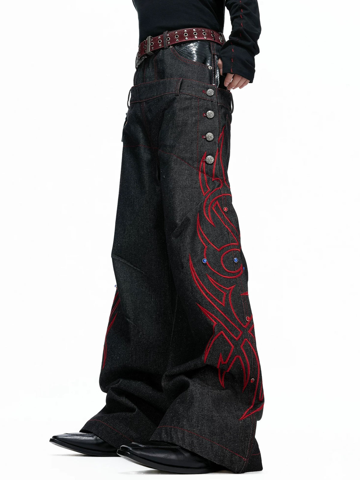 Gothic Tribal Embroidered Articulated Wide-Leg Jeans