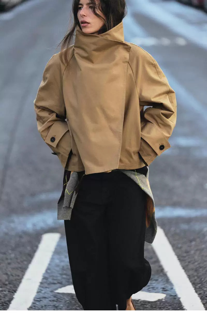 Cropped Asymmetric High-Neck Trench Jacket