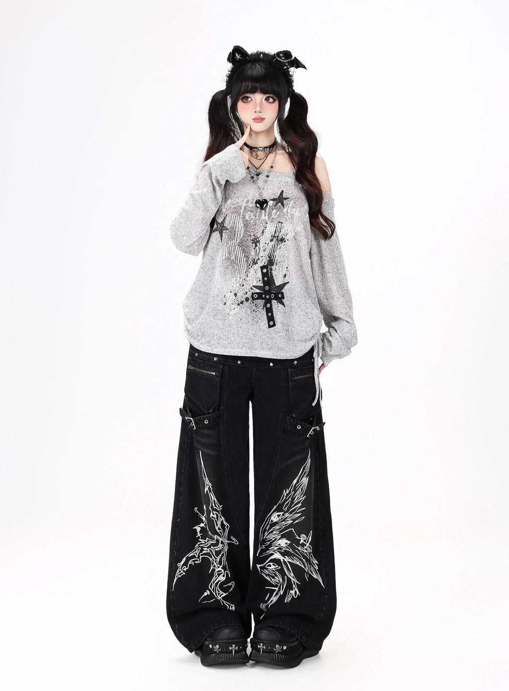 Gothic Cross-Key Graphic Strap-Detailed Cargo Jeans