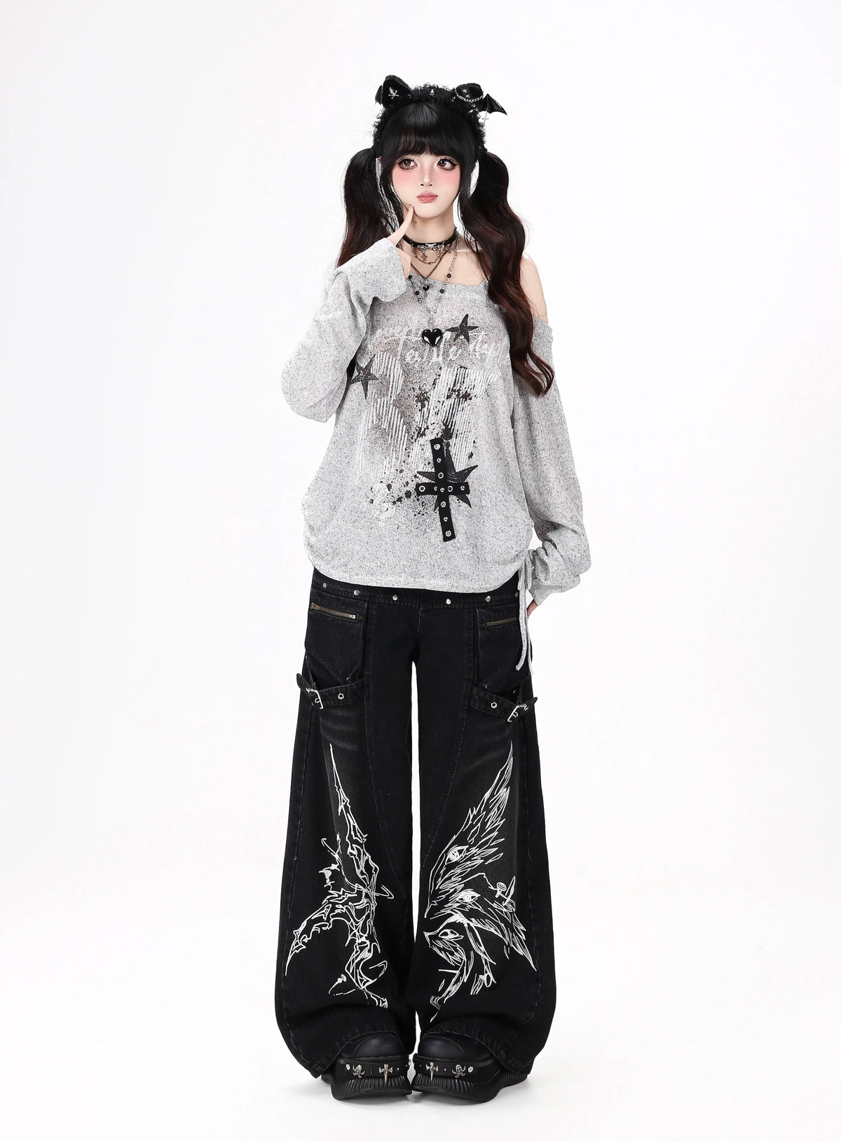 Gothic Cross-Key Graphic Strap-Detailed Cargo Jeans