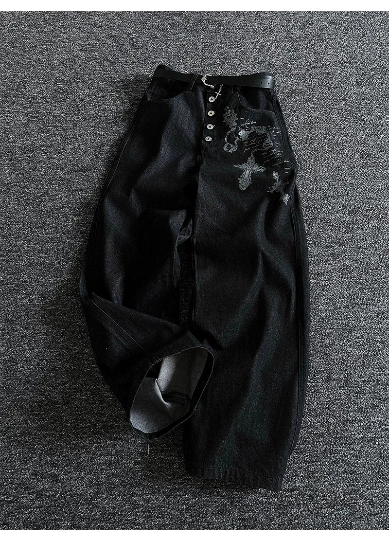 Gothic Cross Wide-Leg Jeans