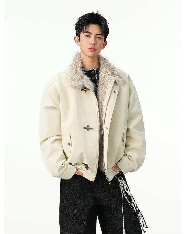 Fireman Clip Fur-Lined Suede Utility Bomber Jacket