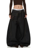 Belted Utility Cargo Pouch Curved Wide-Leg Jeans