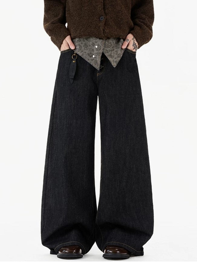 Paisley Bandana Fold-Over Double-Waist Wide-Leg Jeans