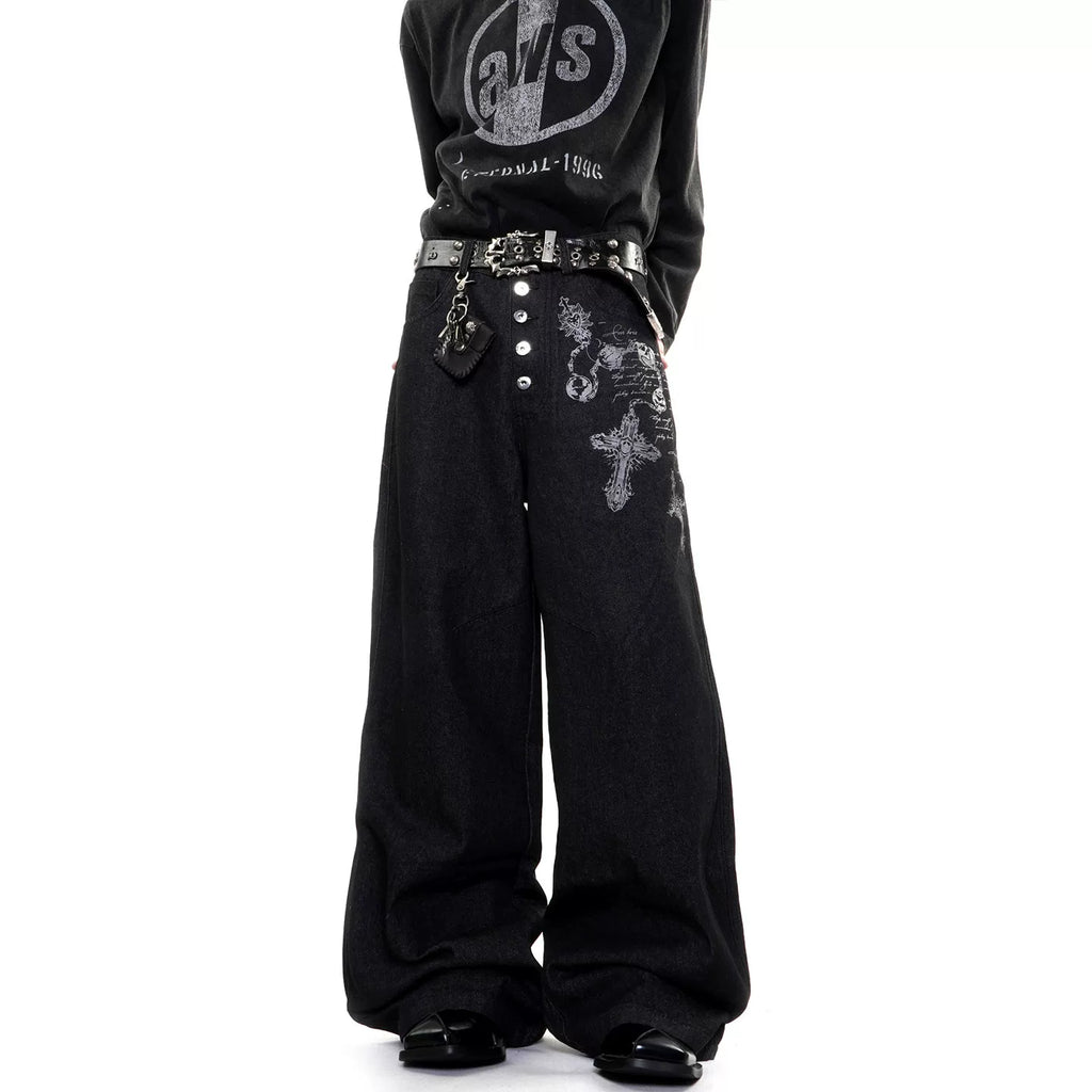 Gothic Cross Wide-Leg Jeans
