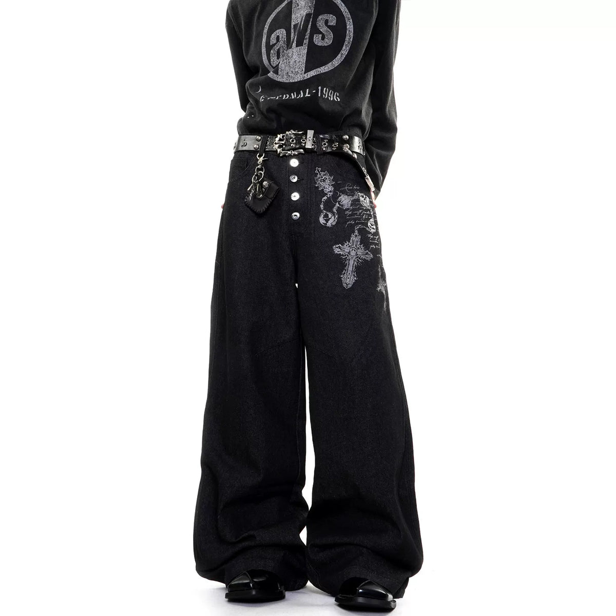 Gothic Cross Wide-Leg Jeans