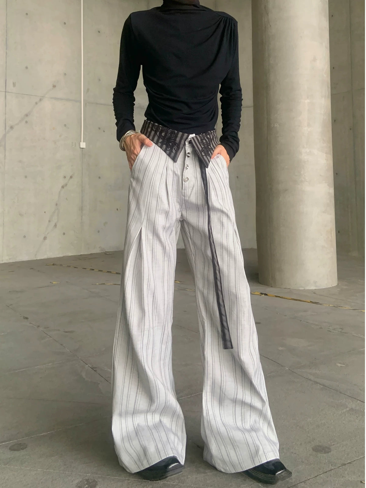 Embroidered Pinstripe Fold-Over Trousers
