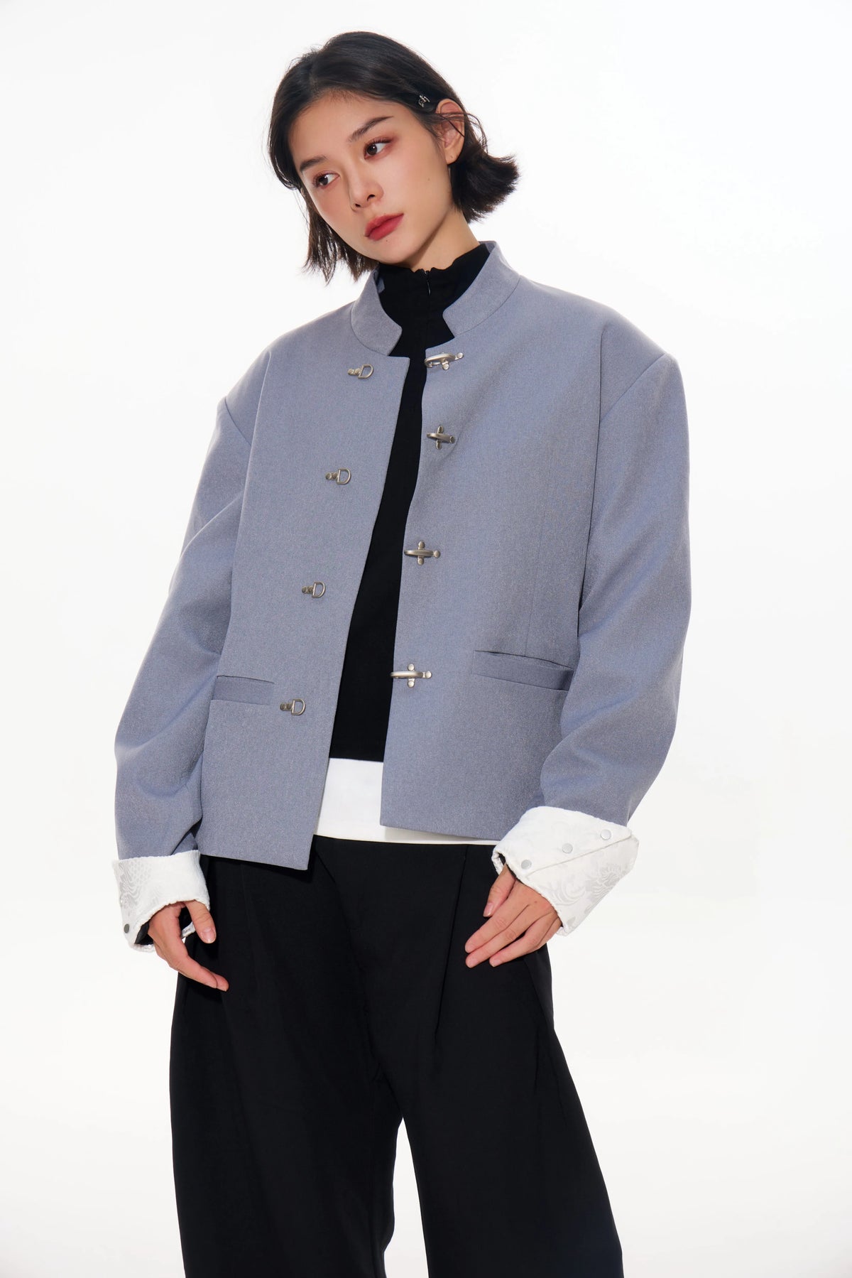 Mandarin-Collar Metal-Clasp Jacket with Contrast Cuffs