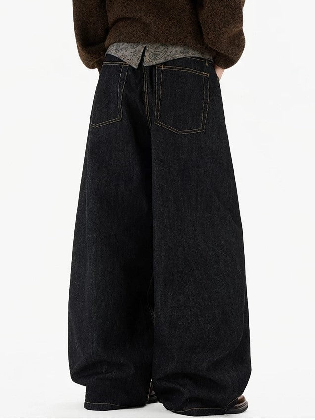 Paisley Bandana Fold-Over Double-Waist Wide-Leg Jeans