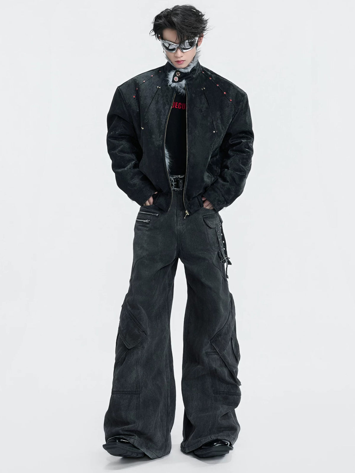 Gothic High-Neck Studded Faux-Leather Fur Jacket