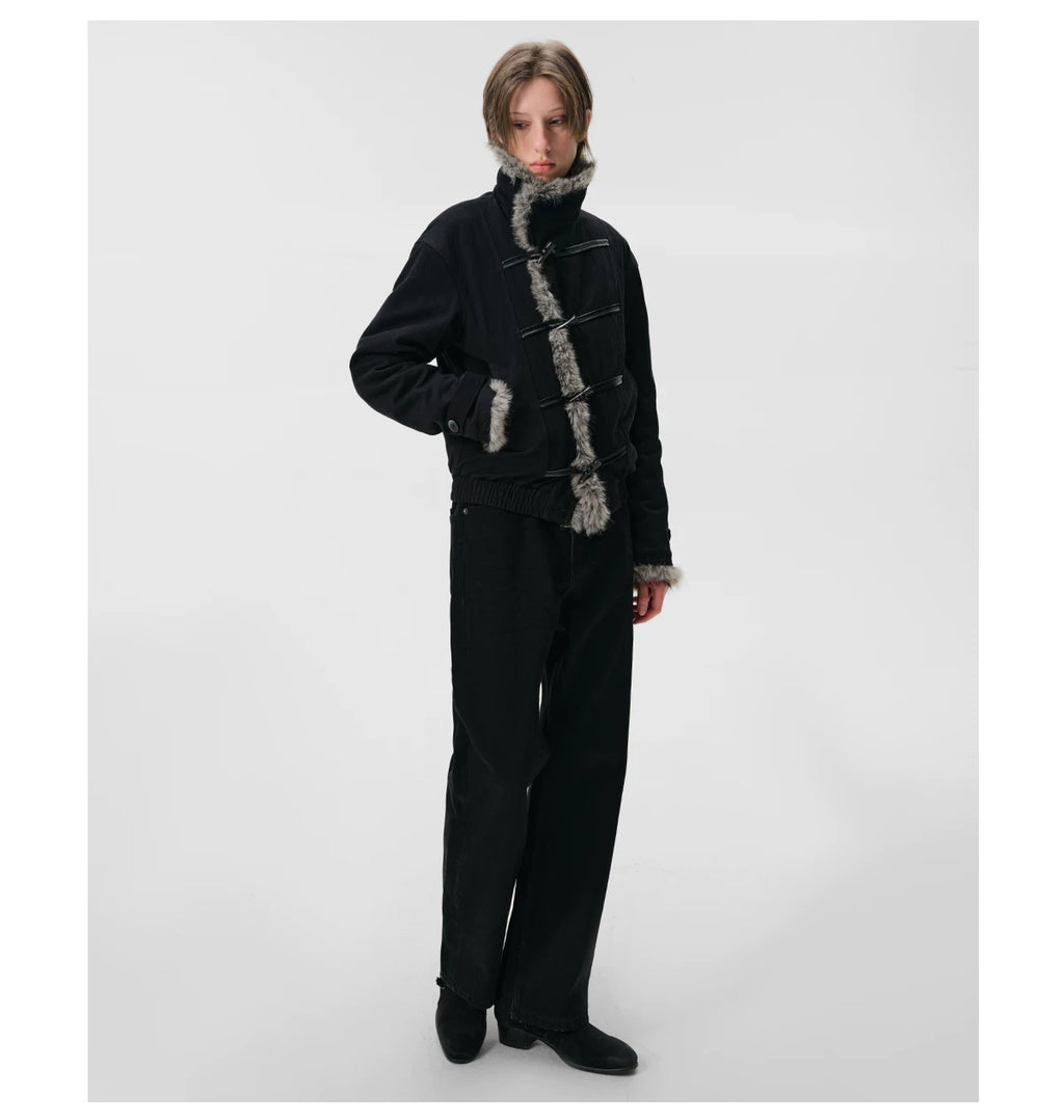 Avant-Garde High-Collar Fur-Lined Toggle Jacket