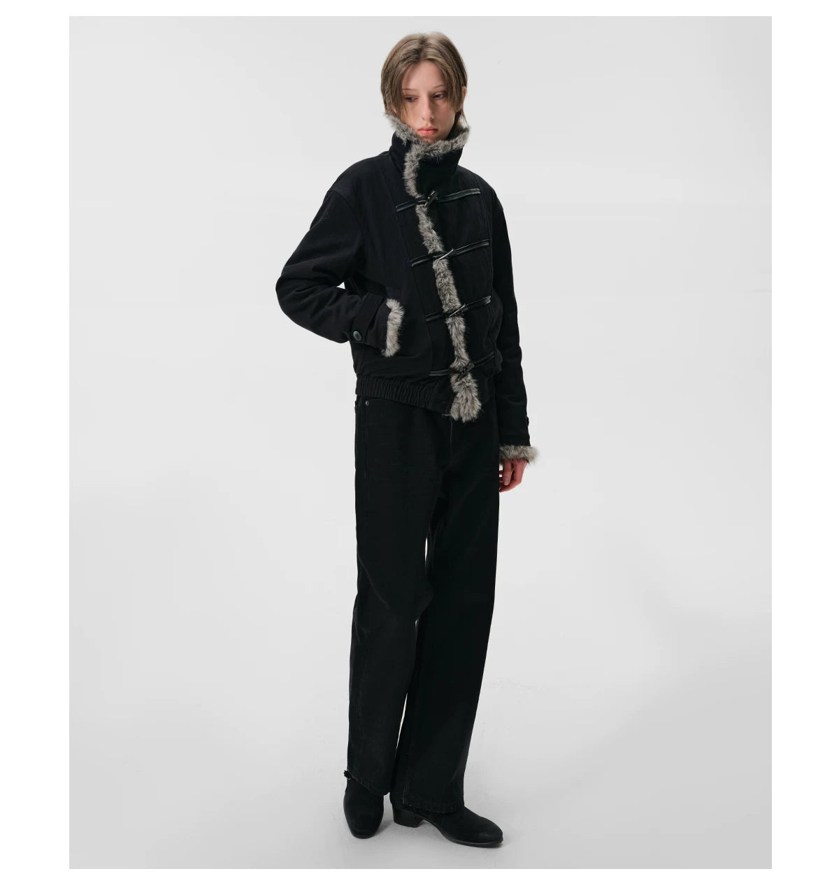 Avant-Garde High-Collar Fur-Lined Toggle Jacket