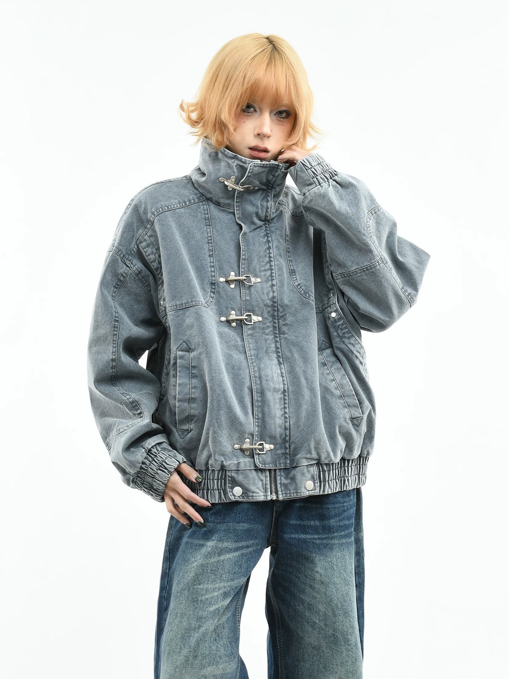 Acid-Washed Denim Fireman Clasp Jacket