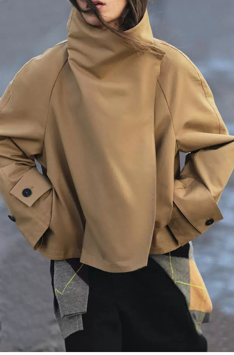 Cropped Asymmetric High-Neck Trench Jacket