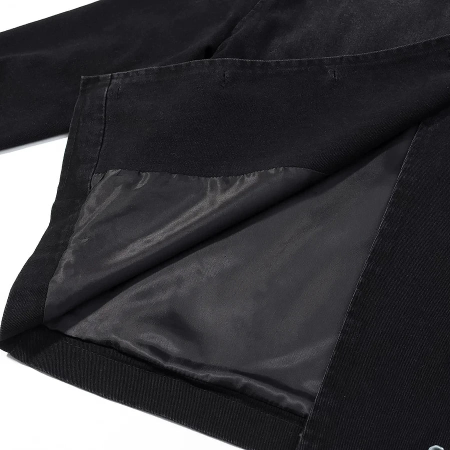 Washed Denim High-Neck Snap-Button Jacket