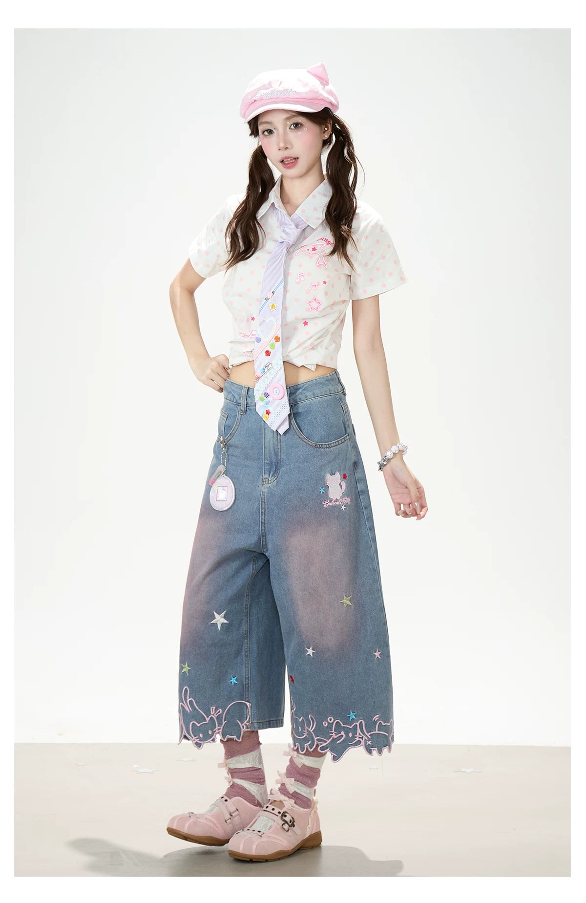 Y2K Harajuku Star & Cat Embroidered Capri Jeans
