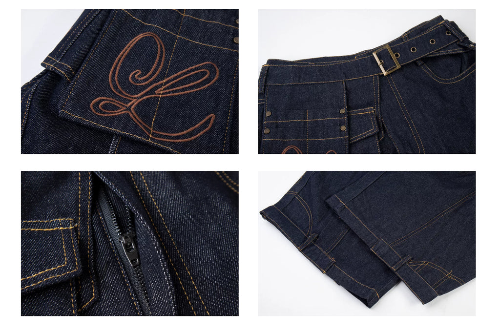 Belted Utility Cargo Pouch Curved Wide-Leg Jeans