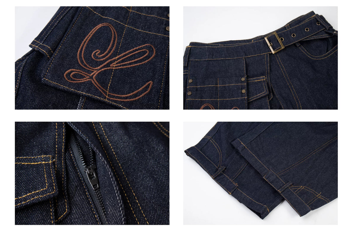 Belted Utility Cargo Pouch Curved Wide-Leg Jeans