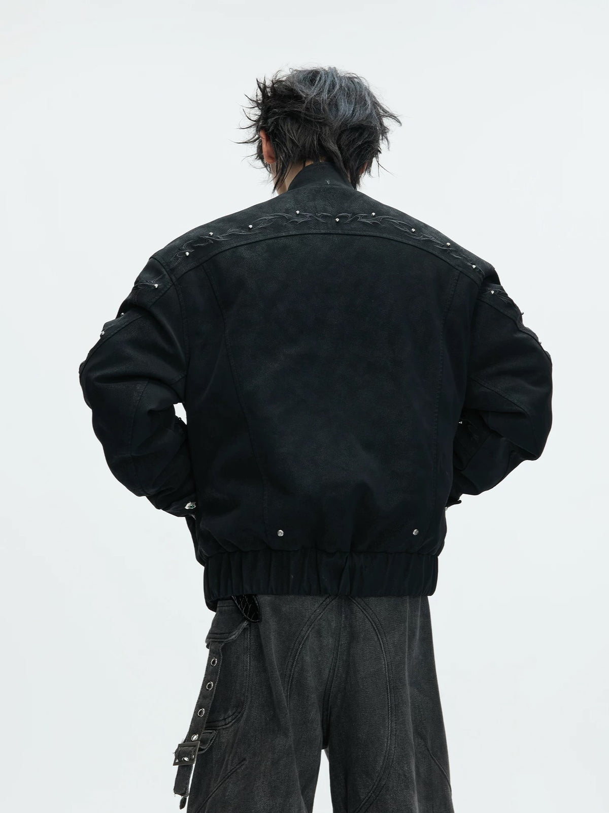 Detachable Fur-Collar Studded Utility Bomber Jacket