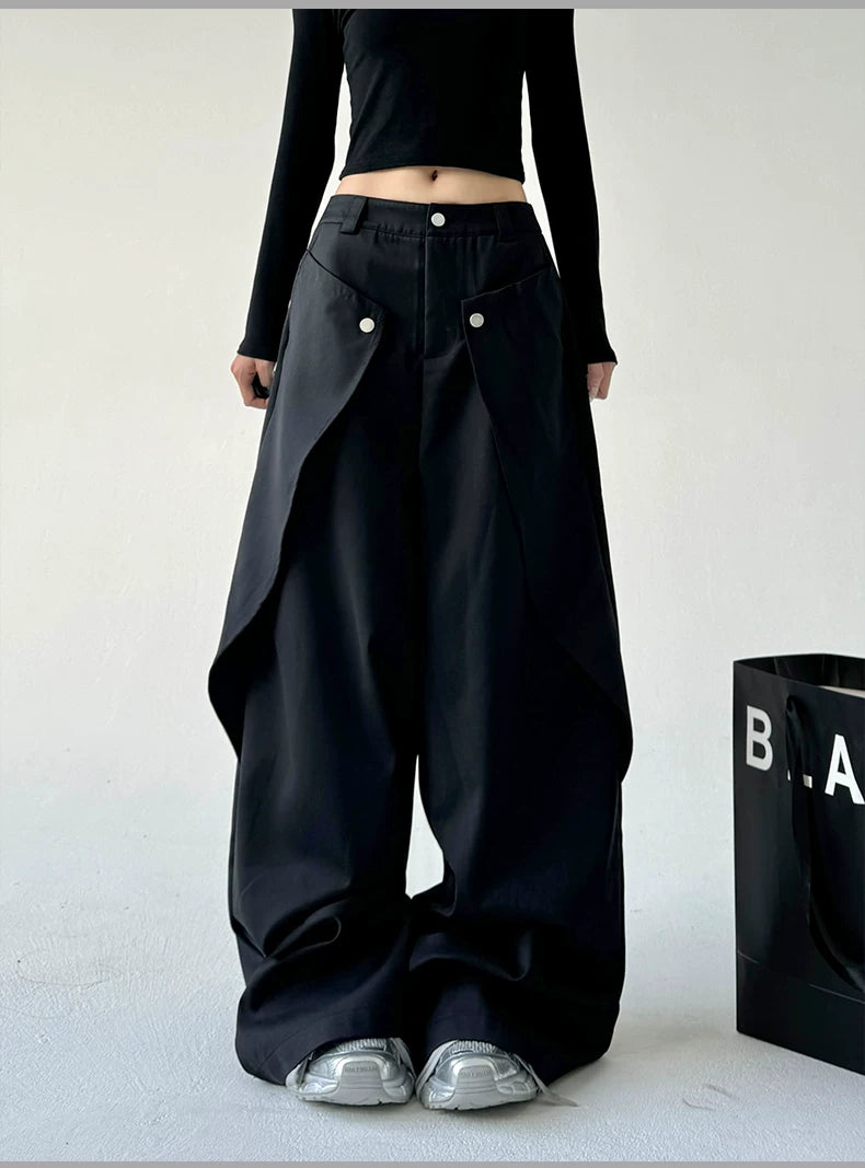 Riveted Diagonal Front-Flap Wide-Leg Trousers