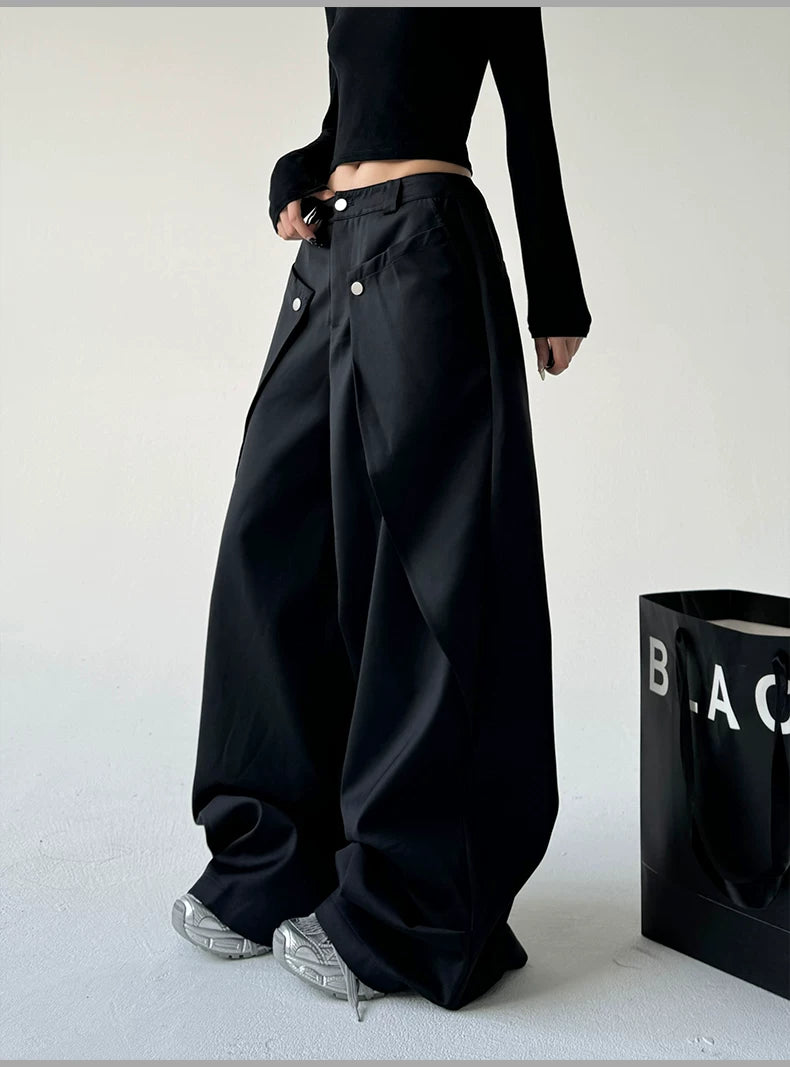 Riveted Diagonal Front-Flap Wide-Leg Trousers