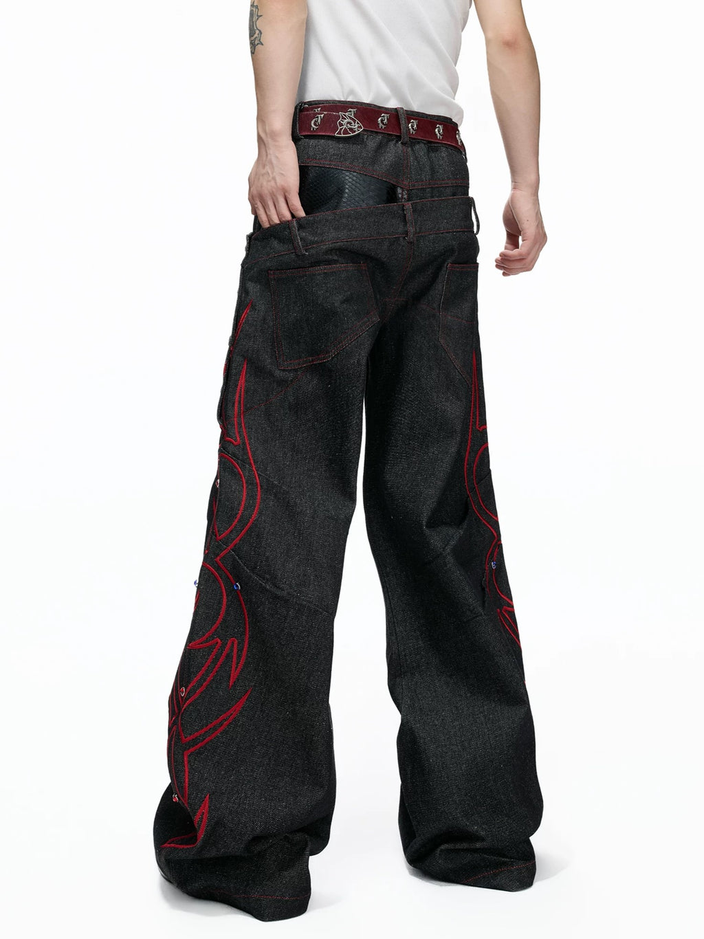 Gothic Tribal Embroidered Articulated Wide-Leg Jeans