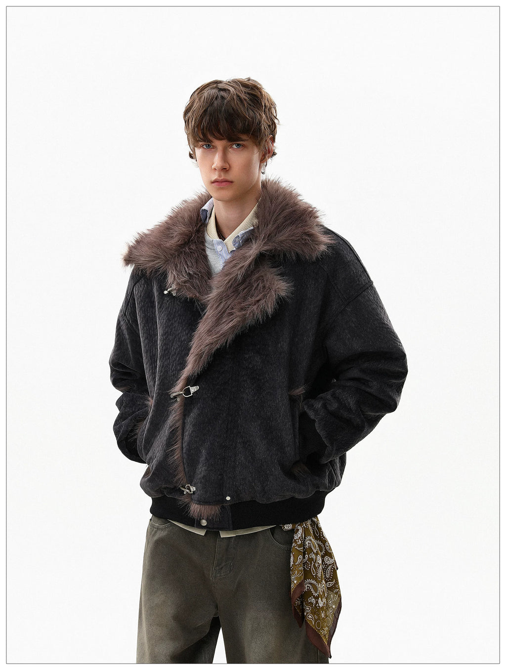Gothic Fur-Lined Fireman Buckle Bomber Jacket