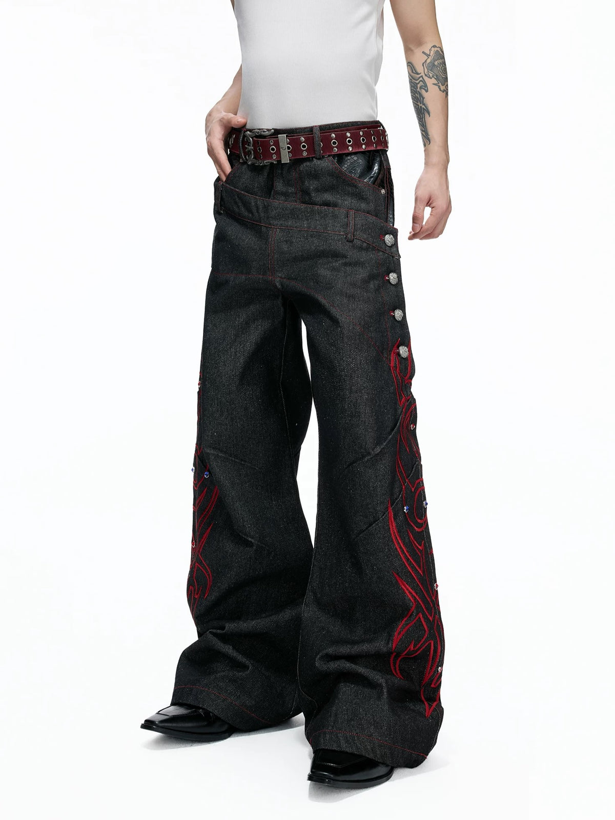 Gothic Tribal Embroidered Articulated Wide-Leg Jeans