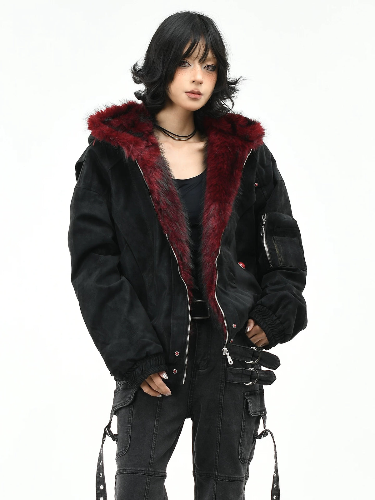 Fur-Trimmed Hooded Suede Utility Bomber Jacket