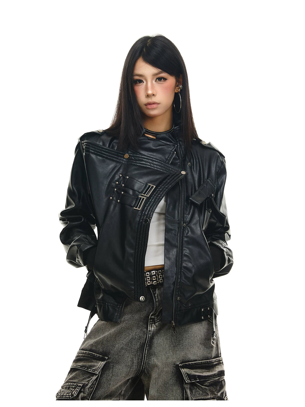 Gothic Industrial Buckled-Placket Leather Biker Jacket