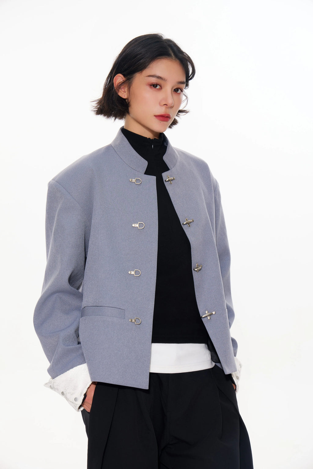 Mandarin-Collar Metal-Clasp Jacket with Contrast Cuffs
