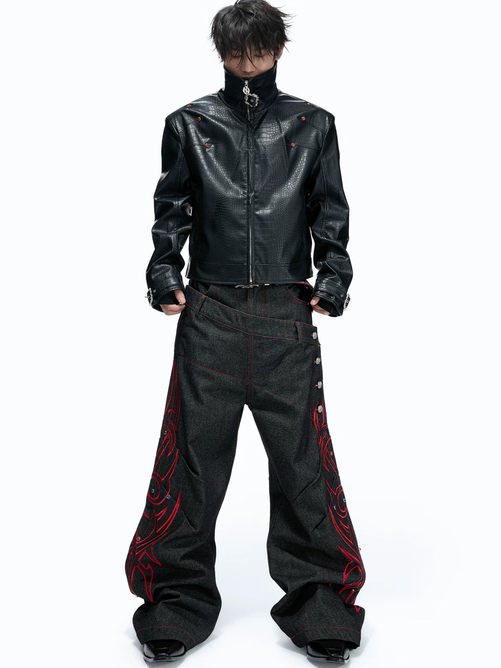 Gothic Tribal Embroidered Articulated Wide-Leg Jeans
