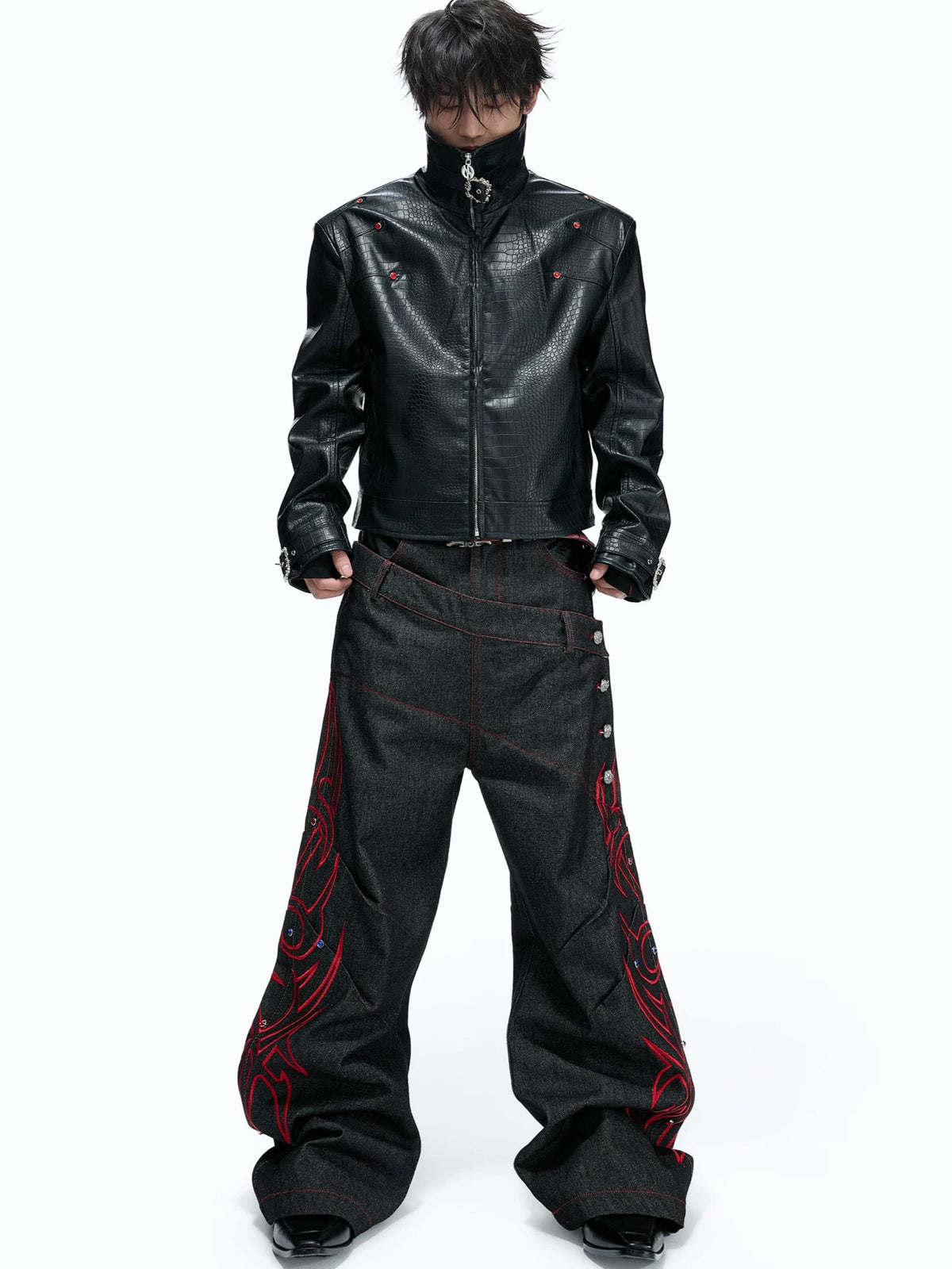 Gothic Tribal Embroidered Articulated Wide-Leg Jeans