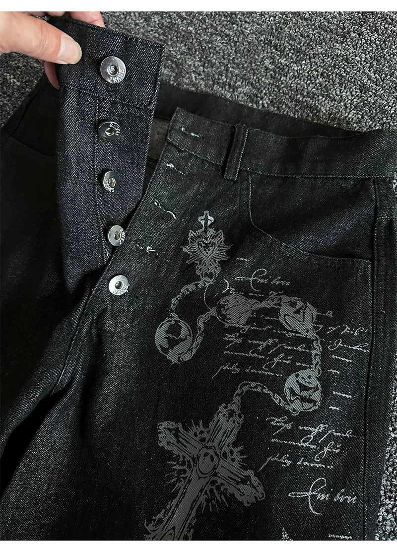 Gothic Cross Wide-Leg Jeans