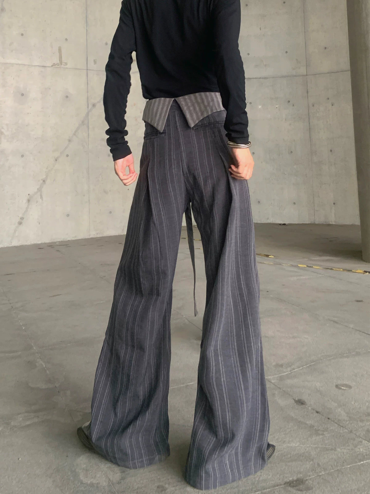 Embroidered Pinstripe Fold-Over Trousers