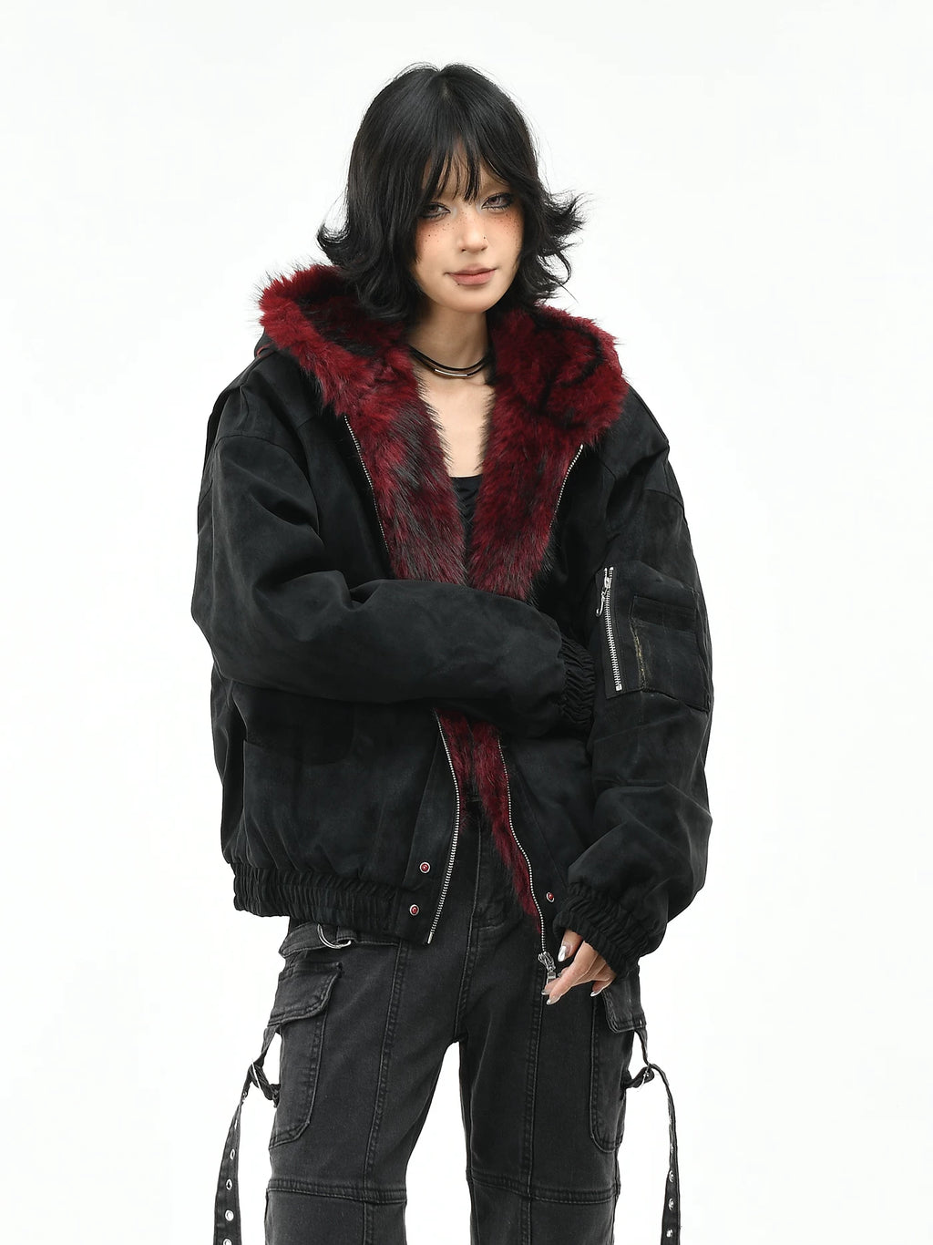 Fur-Trimmed Hooded Suede Utility Bomber Jacket