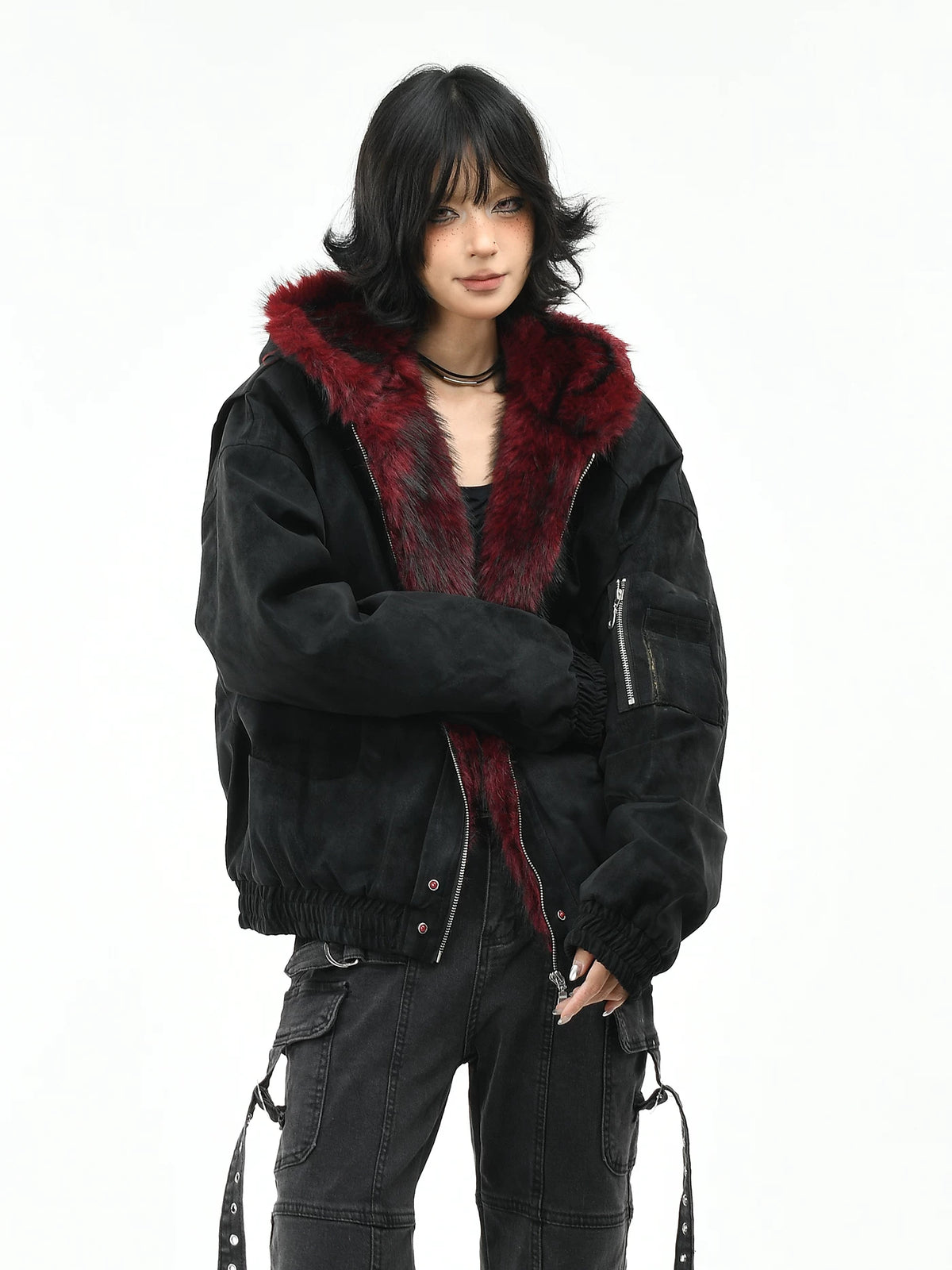 Fur-Trimmed Hooded Suede Utility Bomber Jacket
