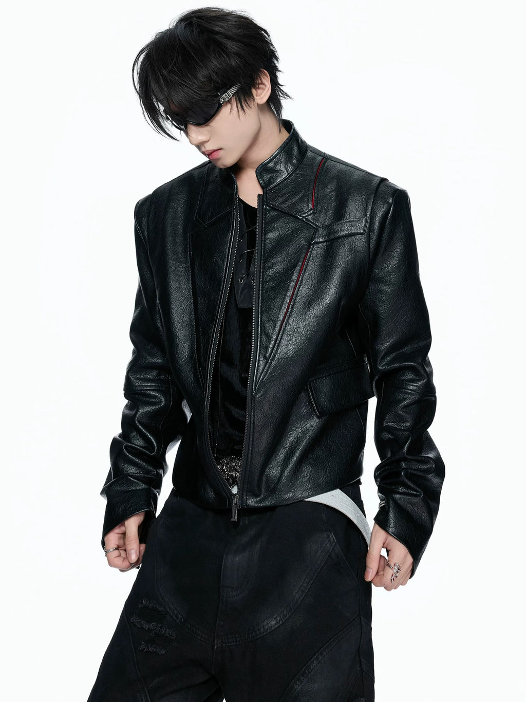 Embroidered Leather Band-Collar Biker Jacket
