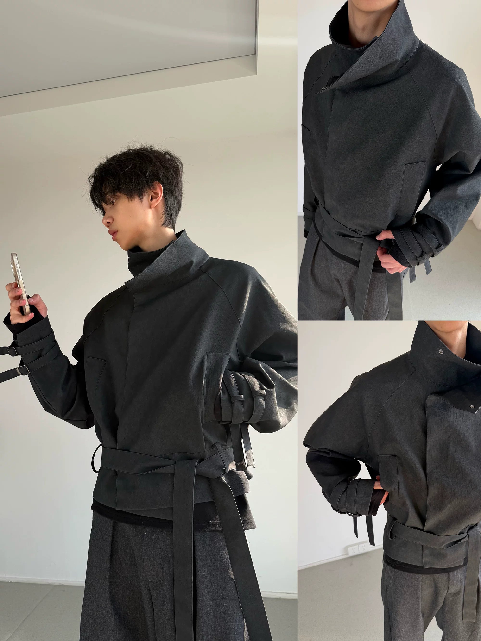 Cropped Belted High-Neck Jacket