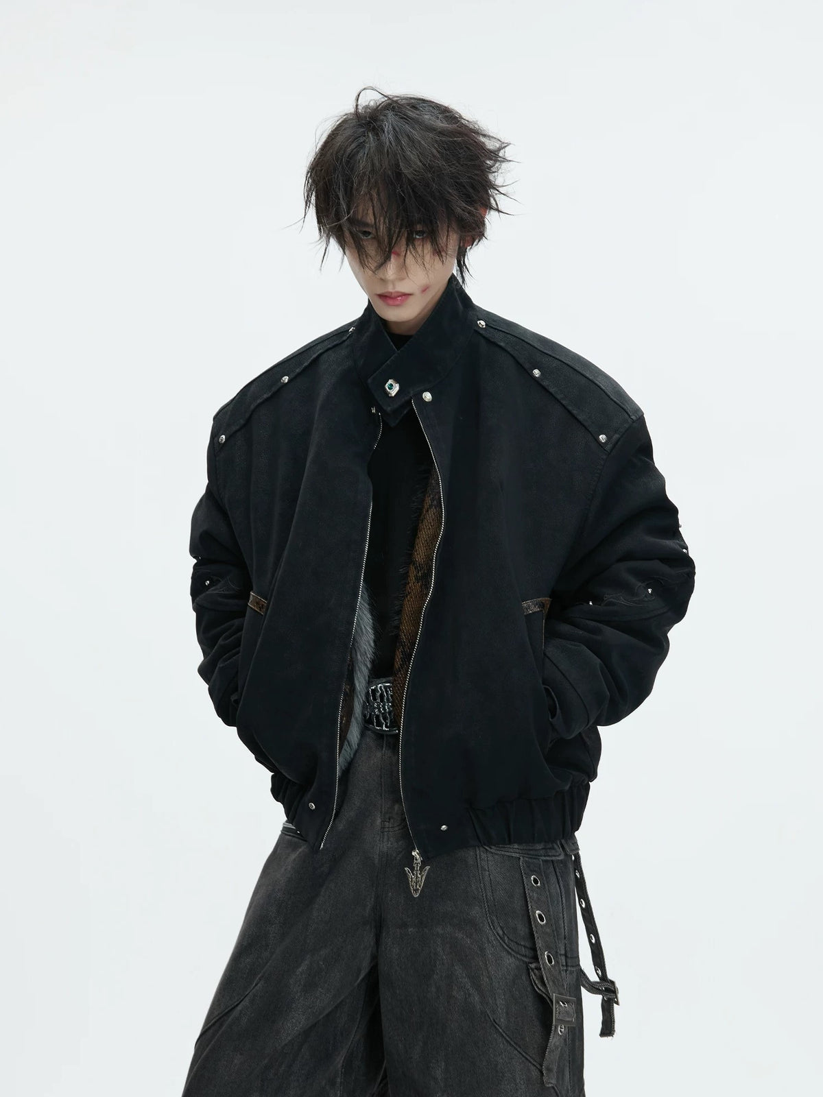 Detachable Fur-Collar Studded Utility Bomber Jacket