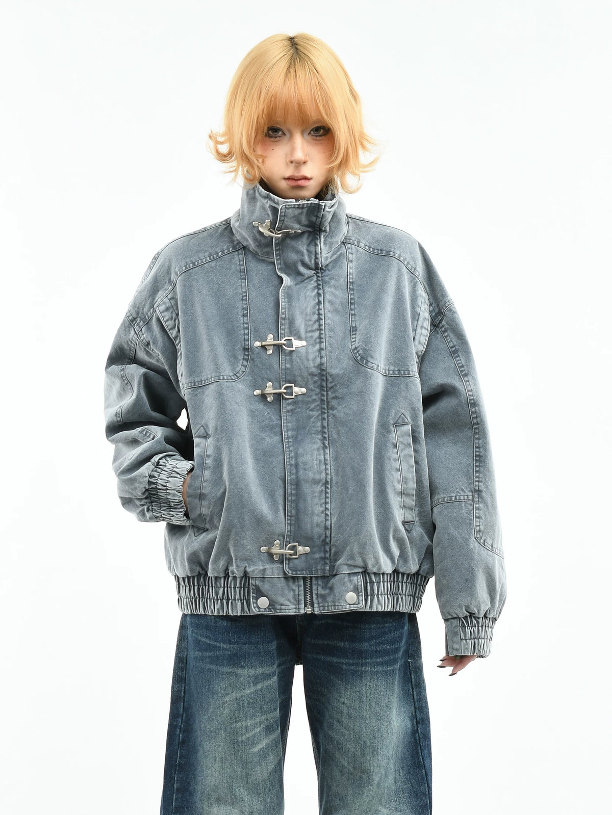 Acid-Washed Denim Fireman Clasp Jacket